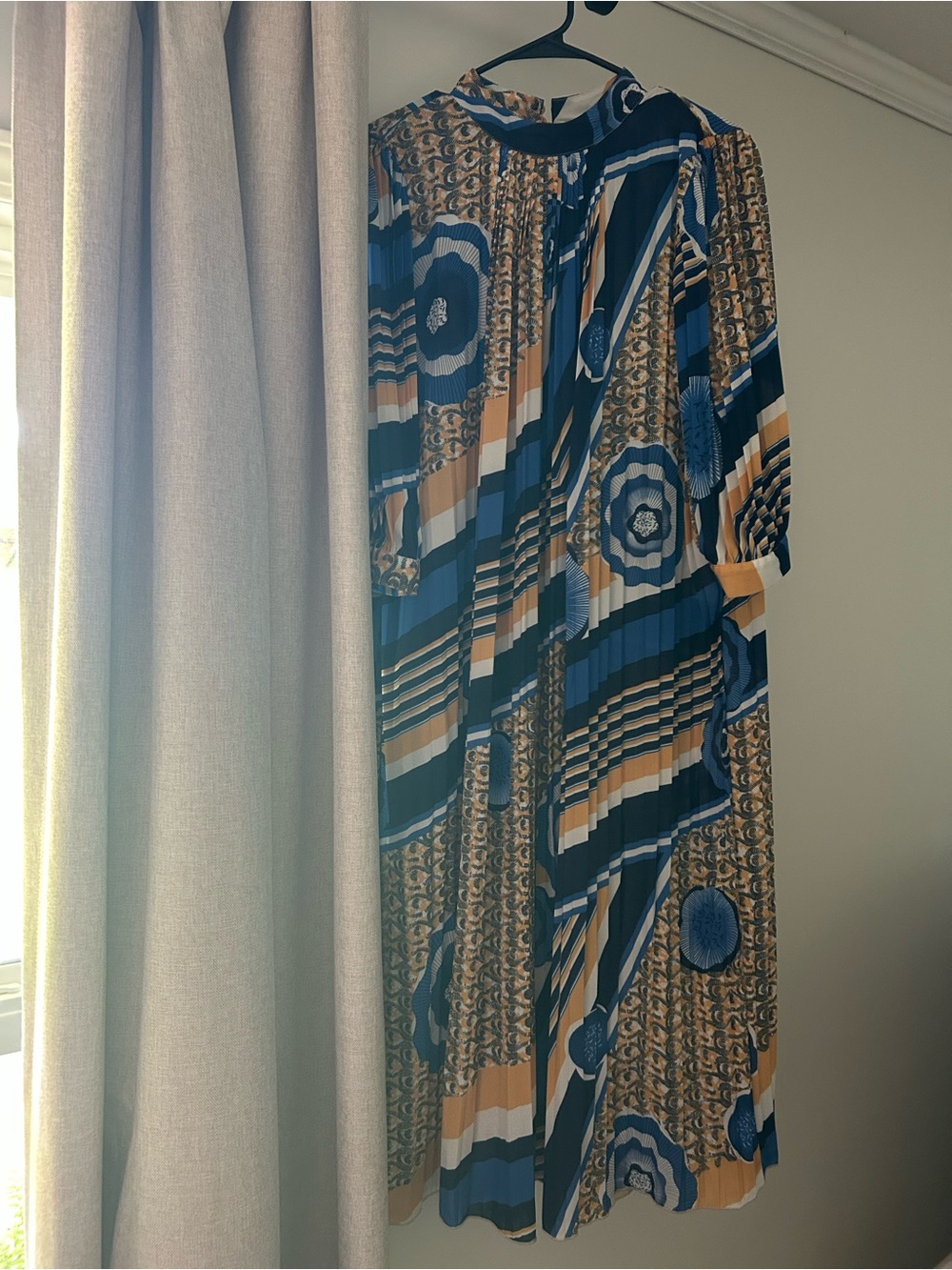 CQ by CQ Pleated Geometric Midi Dress in Blue and Yellow